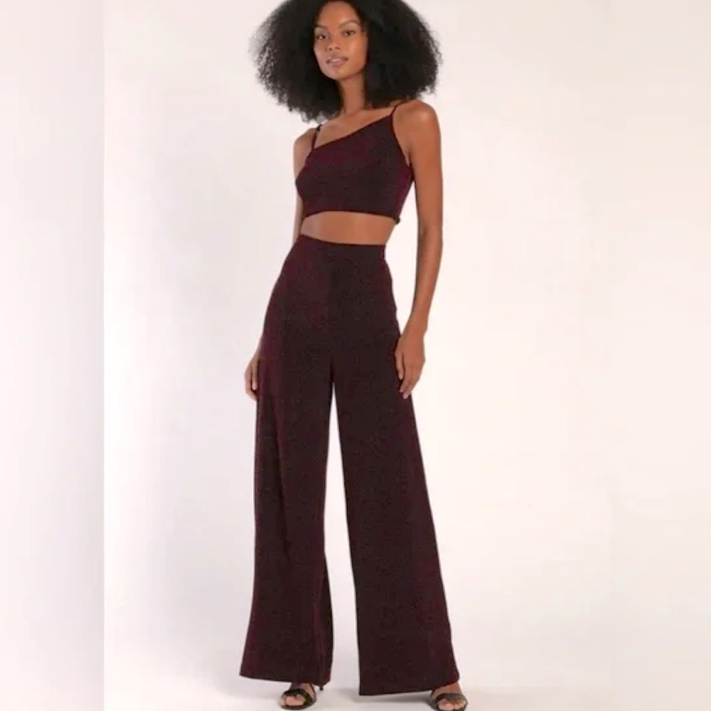 Elegant High-Waisted Wide-Leg Pants and matching top- black and magenta sparkle